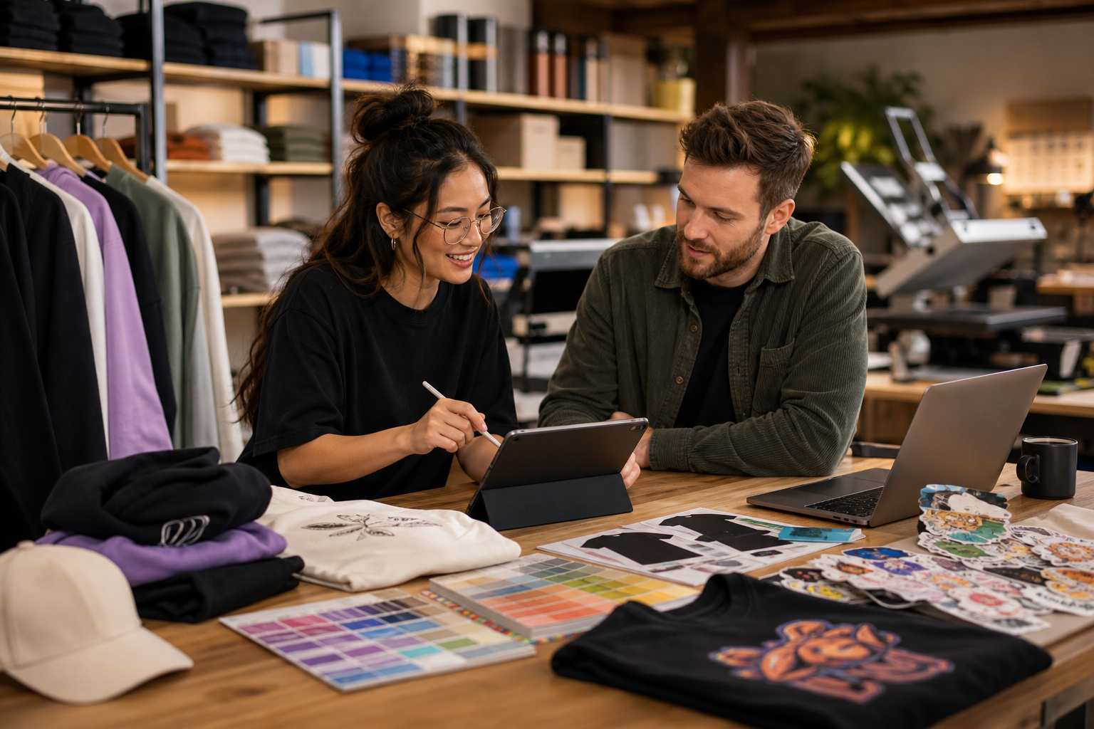 Consultant reviewing merch launch plan with business owner